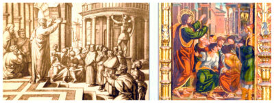 Cizur Mayor. Retablo mayor de la Parroquia de San Andrés (Juan de Bustamante), y detalle con la Predicación de San Andrés, inspirada en la de San Pablo en Atenas de un grabado de Marcantonio Raimondi (según Pedro L. Echeverría Goñi)