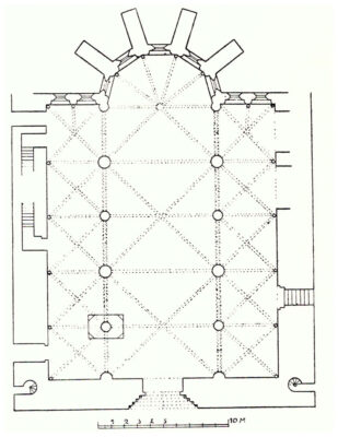 Real Colegiata de Roncesvalles. Planta de la iglesia (L. Torres Balbás en Uranga-Íñiguez. Arte medieval navarro)