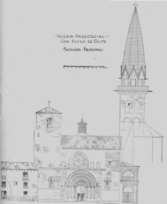San Pedro de Olite. Fachada principal (Según J. Yárnoz Larrosa. Rev. Príncipe de Viana, nº 5, 1941)
